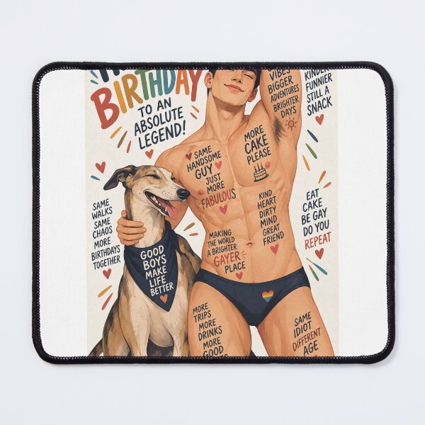 Item preview, Happy Birthday Absolute Legend with Pride, Friendship and Canine Joy featuring Handsome Shirtless Gay Man designed and sold by StampMyPassport.