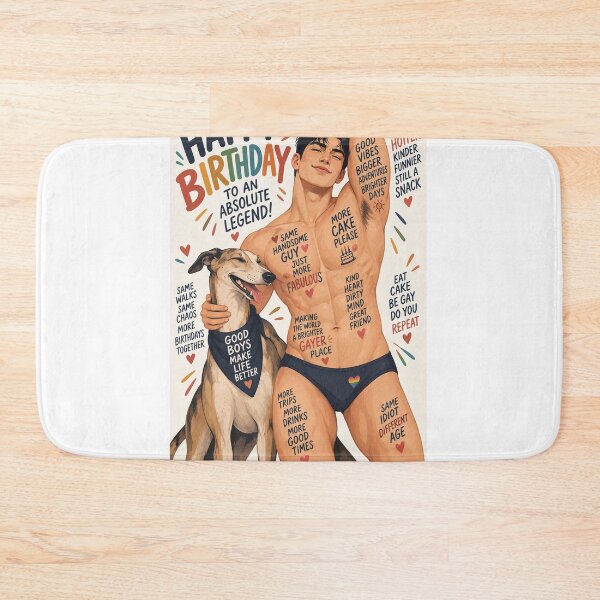 Item preview, Happy Birthday Absolute Legend with Pride, Friendship and Canine Joy featuring Handsome Shirtless Gay Man designed and sold by StampMyPassport.