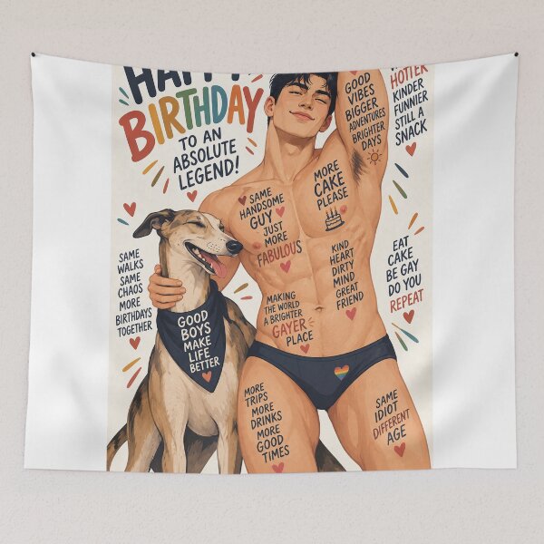Item preview, Happy Birthday Absolute Legend with Pride, Friendship and Canine Joy featuring Handsome Shirtless Gay Man designed and sold by StampMyPassport.
