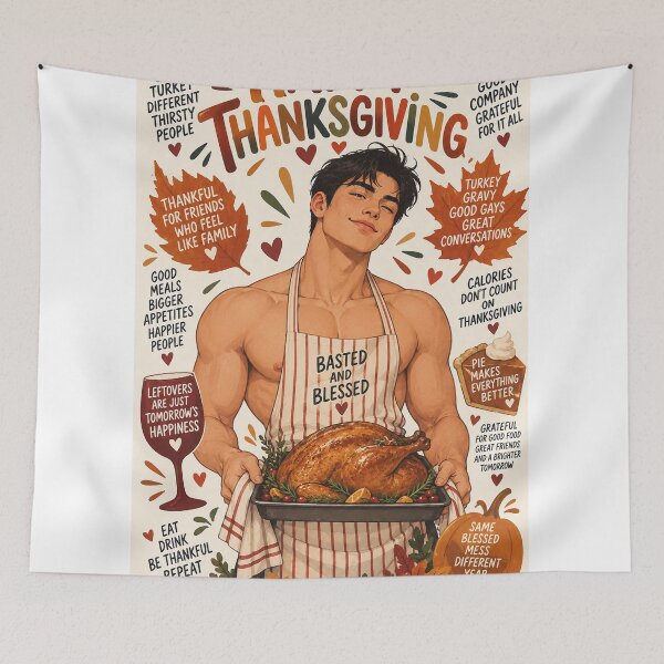 Item preview, Happy Thanksgiving Good Food Great Friends and Grateful Hearts with Handsome Shirtless Man designed and sold by StampMyPassport.