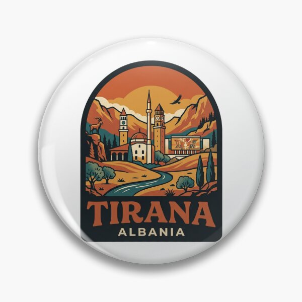 Item preview, Unique Tirana Albania Travel Badge, Retro Balkan National Museum Skyline & Skanderbeg Square Emblem designed and sold by raedattia.
