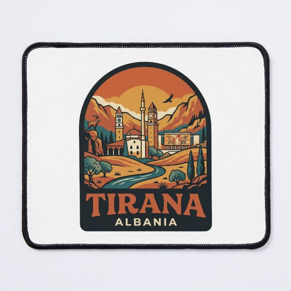 Item preview, Unique Tirana Albania Travel Badge, Retro Balkan National Museum Skyline & Skanderbeg Square Emblem designed and sold by raedattia.