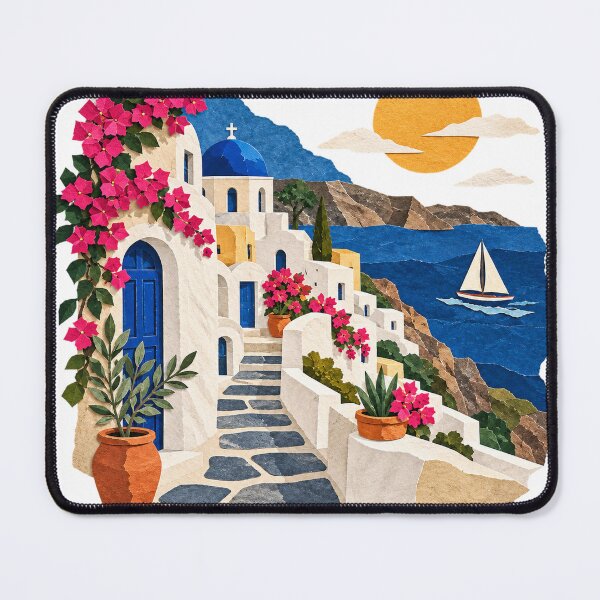 Item preview, Greek island coastal village blue dome sailboat designed and sold by LongIslandDesgn.