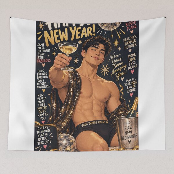 Item preview, Happy New Year Cheers to Bigger Dreams and New Beginnings Featuring Shirtless Gay Hunk designed and sold by StampMyPassport.