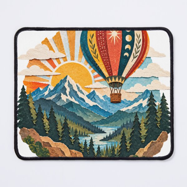 Item preview, Boho hot air balloon, sun, moon phases, mountains, mountain lake designed and sold by LongIslandDesgn.