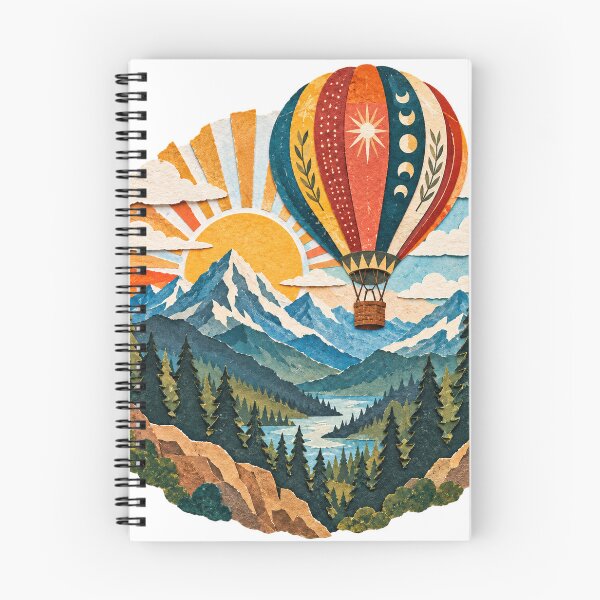 Item preview, Boho hot air balloon, sun, moon phases, mountains, mountain lake designed and sold by LongIslandDesgn.