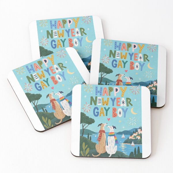 Item preview, Happy New Year Gay Boy with Rainbow Greyhounds and Coastal Fireworks designed and sold by StampMyPassport.