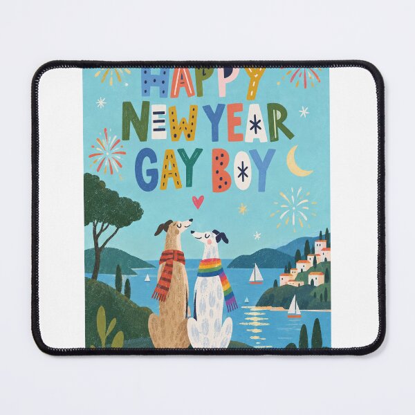 Item preview, Happy New Year Gay Boy with Rainbow Greyhounds and Coastal Fireworks designed and sold by StampMyPassport.