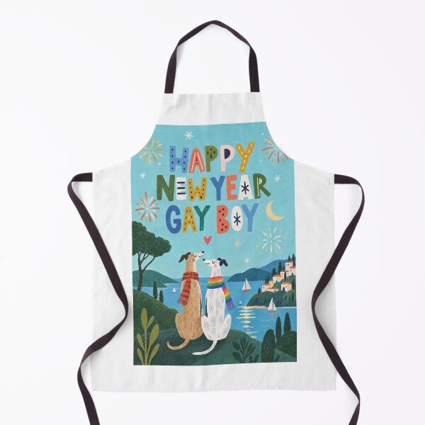 Item preview, Happy New Year Gay Boy with Rainbow Greyhounds and Coastal Fireworks designed and sold by StampMyPassport.