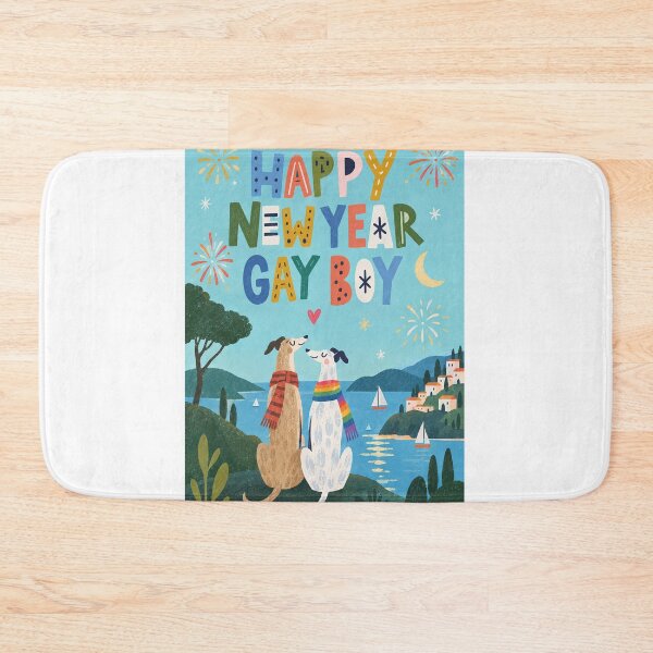 Item preview, Happy New Year Gay Boy with Rainbow Greyhounds and Coastal Fireworks designed and sold by StampMyPassport.