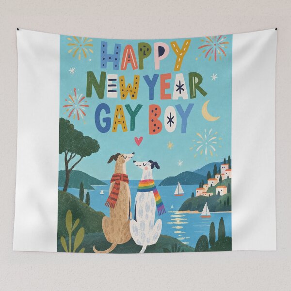Item preview, Happy New Year Gay Boy with Rainbow Greyhounds and Coastal Fireworks designed and sold by StampMyPassport.