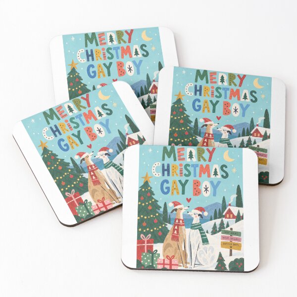 Item preview, Merry Christmas Gay Boy with Greyhounds, Snowy Cottage and Festive Tree designed and sold by StampMyPassport.