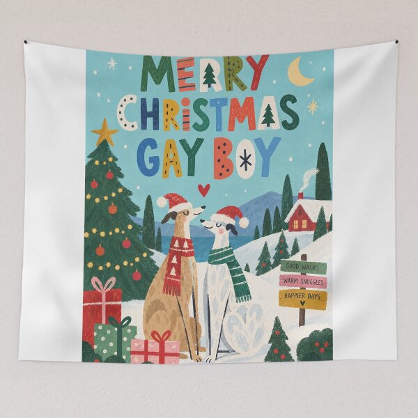 Item preview, Merry Christmas Gay Boy with Greyhounds, Snowy Cottage and Festive Tree designed and sold by StampMyPassport.