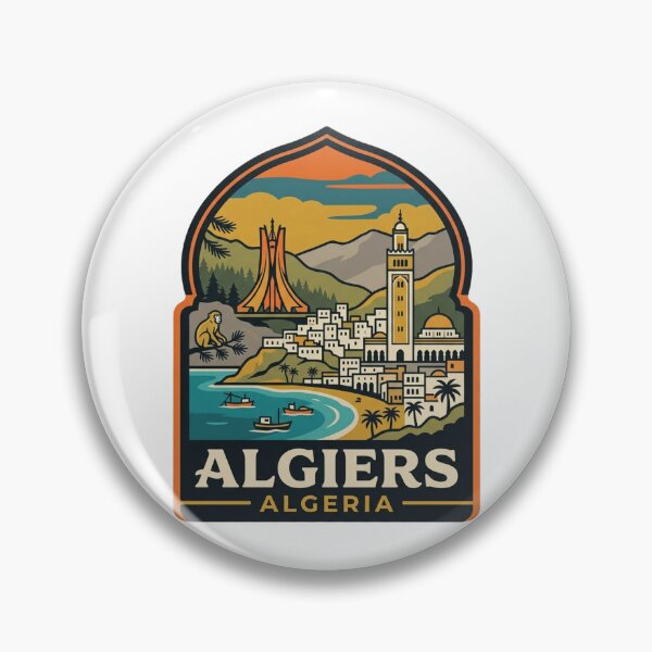 Item preview, Unique Algiers Algeria Travel Badge, Retro Bay Skyline & Djamaa el Djazair Landmark Emblem designed and sold by raedattia.