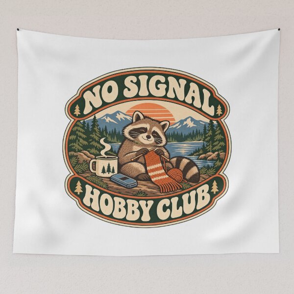 Item preview, No Signal Hobby Club – Retro Offline Hobby Raccoon designed and sold by BadMary.