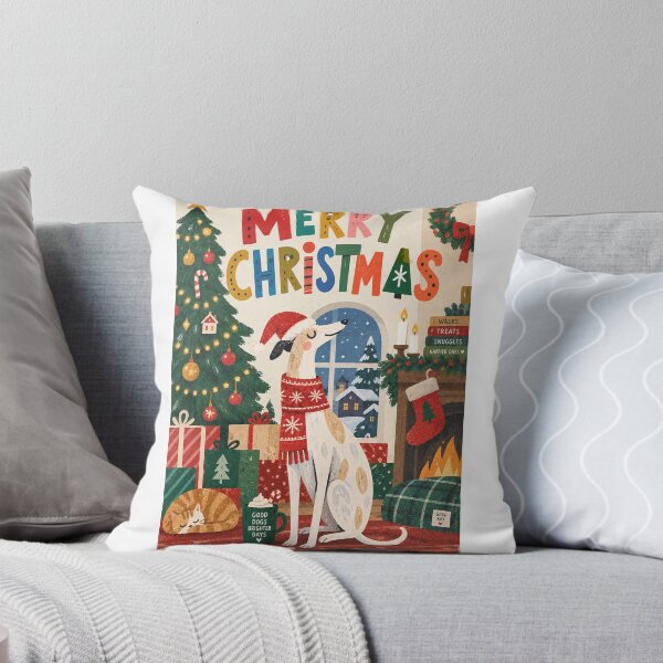 Item preview, Merry Christmas Greyhound by Fireplace with Tree, Presents and Snowy Window designed and sold by StampMyPassport.