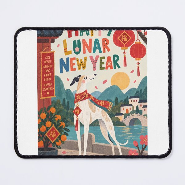 Item preview, Happy Lunar New Year Greyhound with Chinese Lanterns, Blossoms and Fortune designed and sold by StampMyPassport.