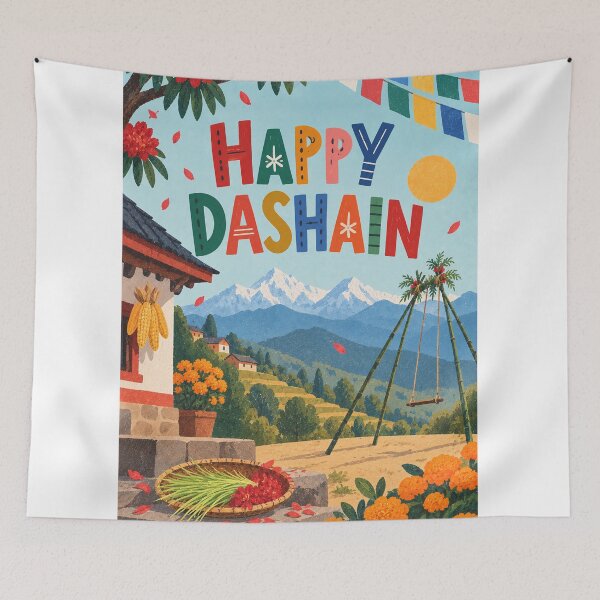 Item preview, Happy Dashain with Himalayan Mountains, Marigolds and Traditional Village Celebration designed and sold by StampMyPassport.