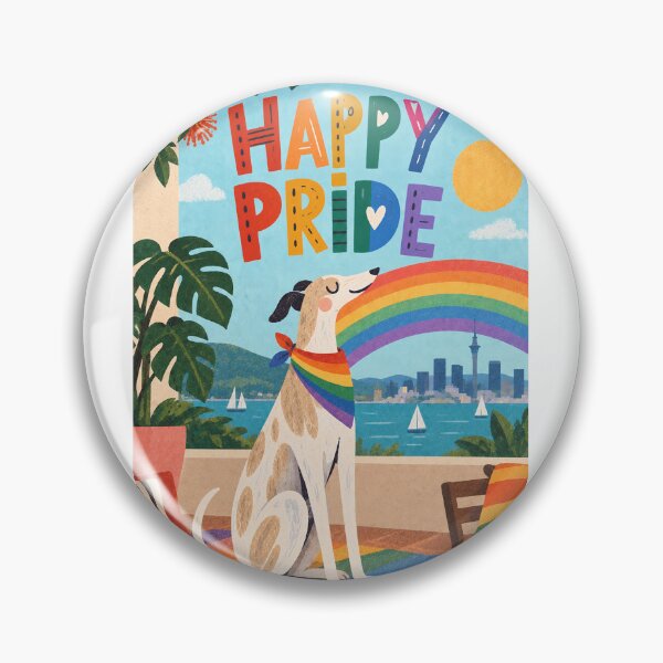 Item preview, Happy Pride Greyhound with Rainbow Scarf and Auckland Skyline designed and sold by StampMyPassport.