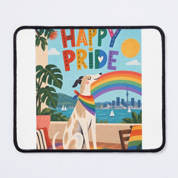 Item preview, Happy Pride Greyhound with Rainbow Scarf and Auckland Skyline designed and sold by StampMyPassport.