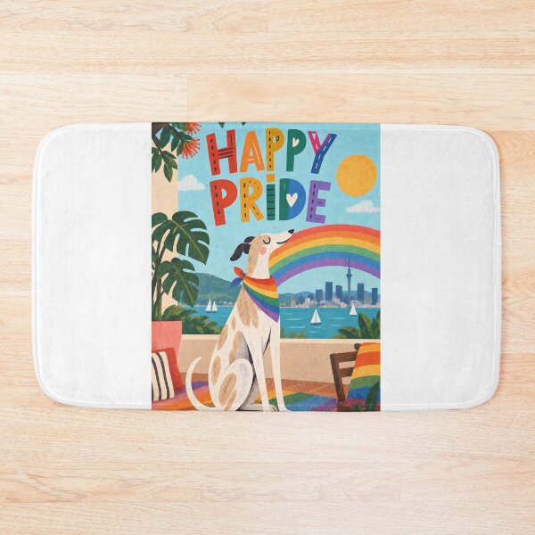 Item preview, Happy Pride Greyhound with Rainbow Scarf and Auckland Skyline designed and sold by StampMyPassport.