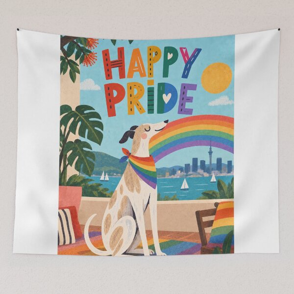 Item preview, Happy Pride Greyhound with Rainbow Scarf and Auckland Skyline designed and sold by StampMyPassport.