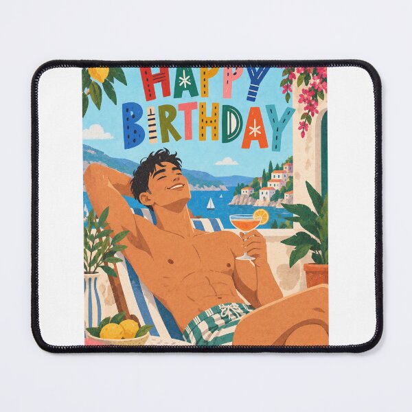 Item preview, Happy Birthday Shirtless Man with Mediterranean Coast, Sunshine and Summer Relaxation designed and sold by StampMyPassport.