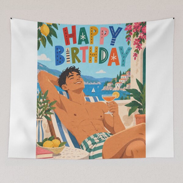 Item preview, Happy Birthday Shirtless Man with Mediterranean Coast, Sunshine and Summer Relaxation designed and sold by StampMyPassport.