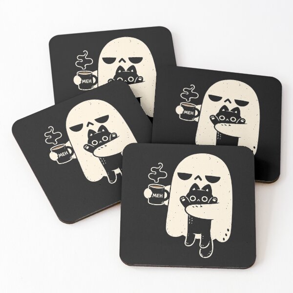 Item preview, Meh Ghost Holding Black Cat Drinking Coffee Funny Halloween designed and sold by Dolbalika.