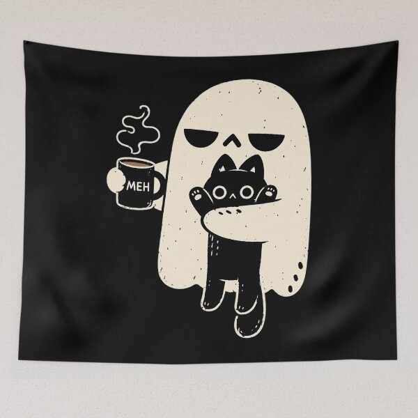 Item preview, Meh Ghost Holding Black Cat Drinking Coffee Funny Halloween designed and sold by Dolbalika.