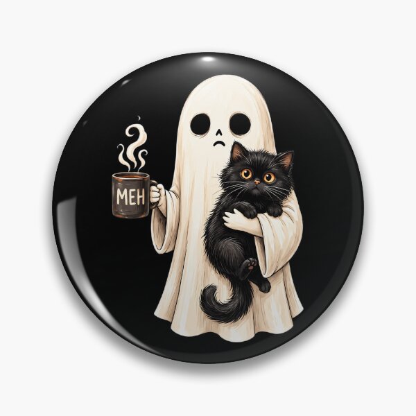Item preview, Meh Ghost Holding Black Cat Drinking Coffee Funny Halloween designed and sold by Dolbalika.