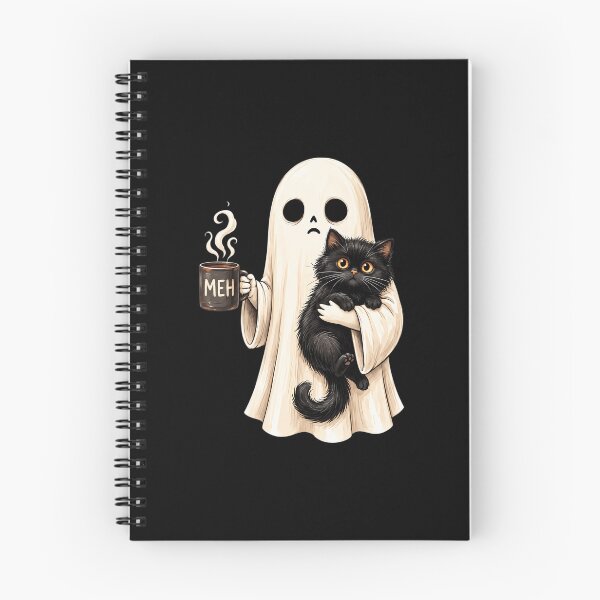 Item preview, Meh Ghost Holding Black Cat Drinking Coffee Funny Halloween designed and sold by Dolbalika.