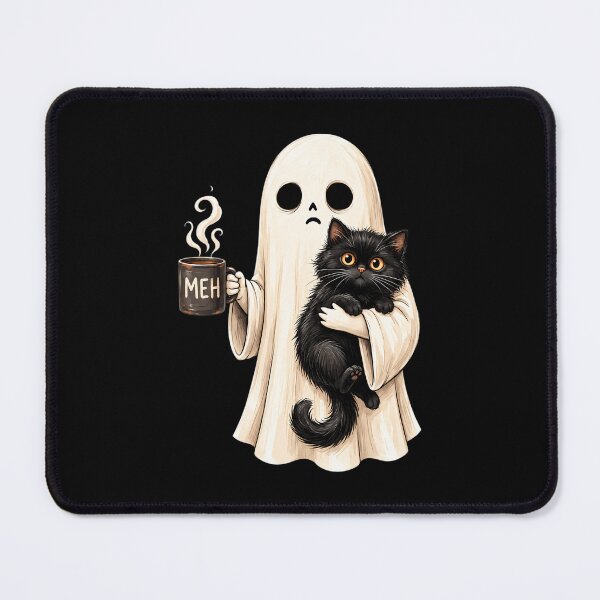 Item preview, Meh Ghost Holding Black Cat Drinking Coffee Funny Halloween designed and sold by Dolbalika.