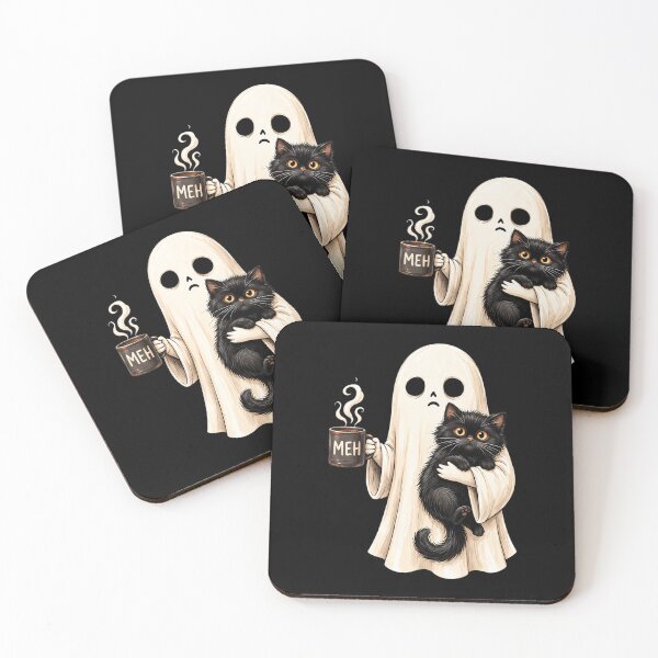 Item preview, Meh Ghost Holding Black Cat Drinking Coffee Funny Halloween designed and sold by Dolbalika.