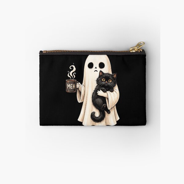 Item preview, Meh Ghost Holding Black Cat Drinking Coffee Funny Halloween designed and sold by Dolbalika.