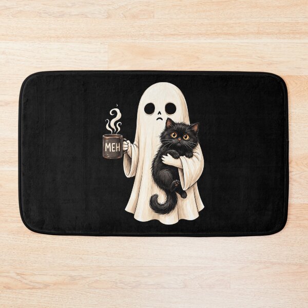 Item preview, Meh Ghost Holding Black Cat Drinking Coffee Funny Halloween designed and sold by Dolbalika.