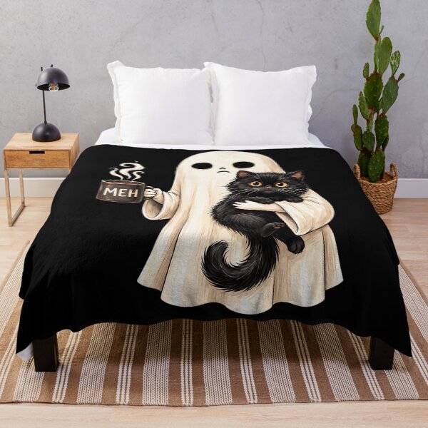 Item preview, Meh Ghost Holding Black Cat Drinking Coffee Funny Halloween designed and sold by Dolbalika.