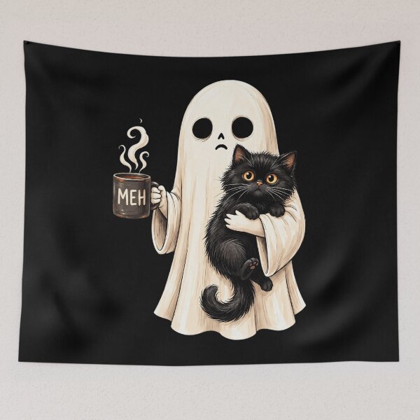 Item preview, Meh Ghost Holding Black Cat Drinking Coffee Funny Halloween designed and sold by Dolbalika.