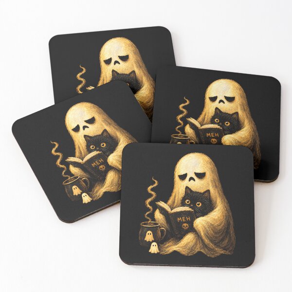 Item preview, Meh Ghost Reading Book With Black Cat Coffee Halloween designed and sold by Dolbalika.