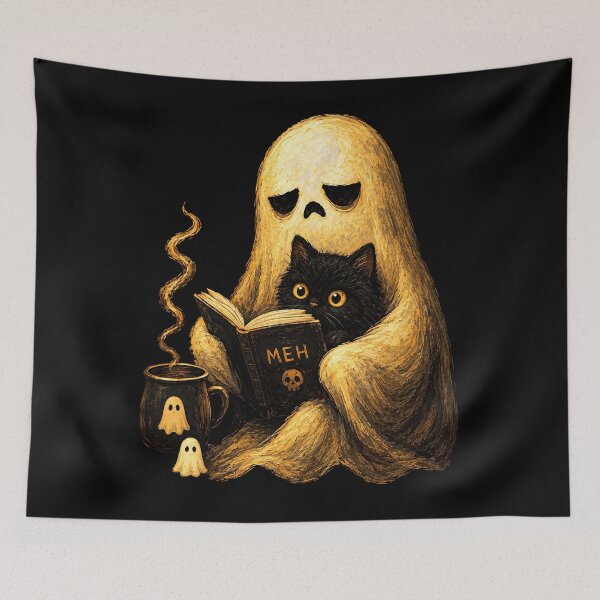 Item preview, Meh Ghost Reading Book With Black Cat Coffee Halloween designed and sold by Dolbalika.