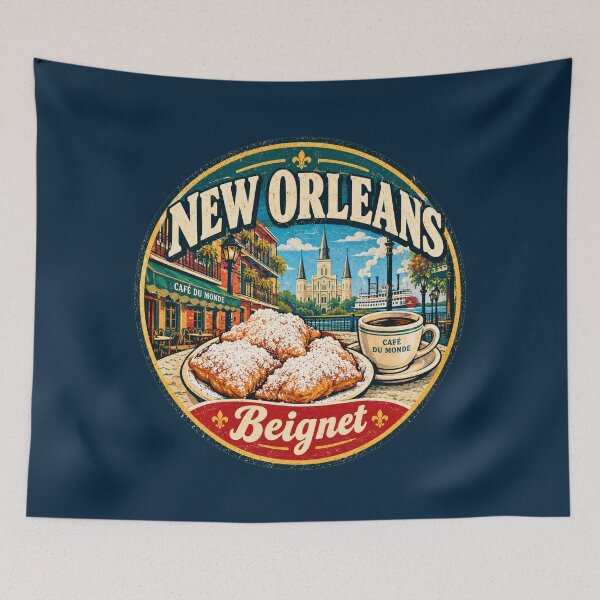 Aperçu de l'œuvre T-shirt vintage de voyage avec beignets de la Nouvelle-Orléans – Motifs café et quartier français de la Louisiane créée et vendue par Globalcitytees.