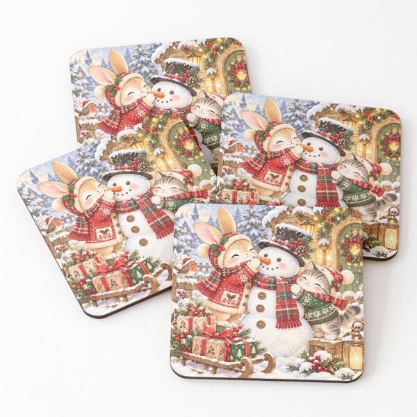 Item preview, Cute Bunny and Cat Christmas Snowman designed and sold by BunnyBumb.