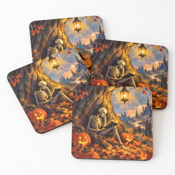 Item preview, Cozy Skeleton Reading Book Under Autumn Tree Halloween Art designed and sold by GrinGalore.