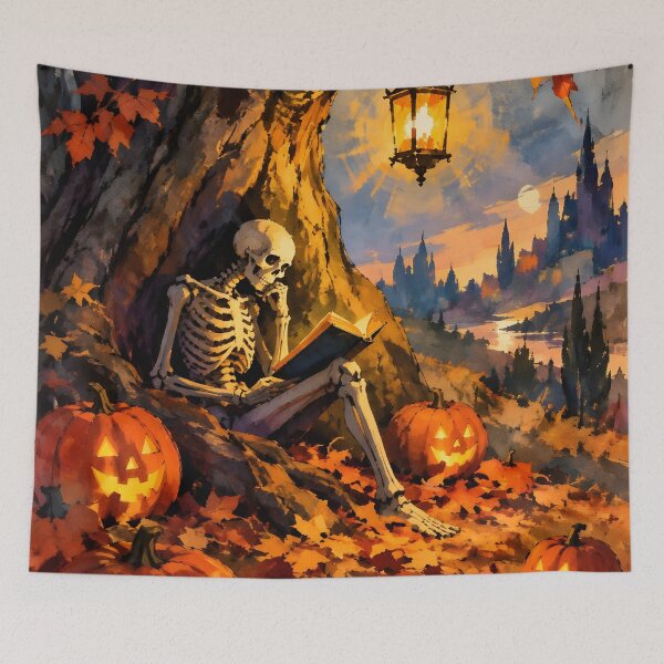 Item preview, Cozy Skeleton Reading Book Under Autumn Tree Halloween Art designed and sold by GrinGalore.