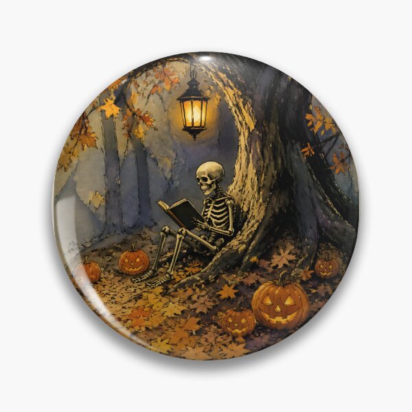 Item preview, Cozy Skeleton Reading Book in Autumn Forest Halloween Art designed and sold by GrinGalore.