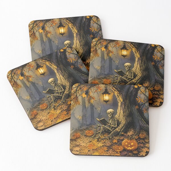 Item preview, Cozy Skeleton Reading Book in Autumn Forest Halloween Art designed and sold by GrinGalore.