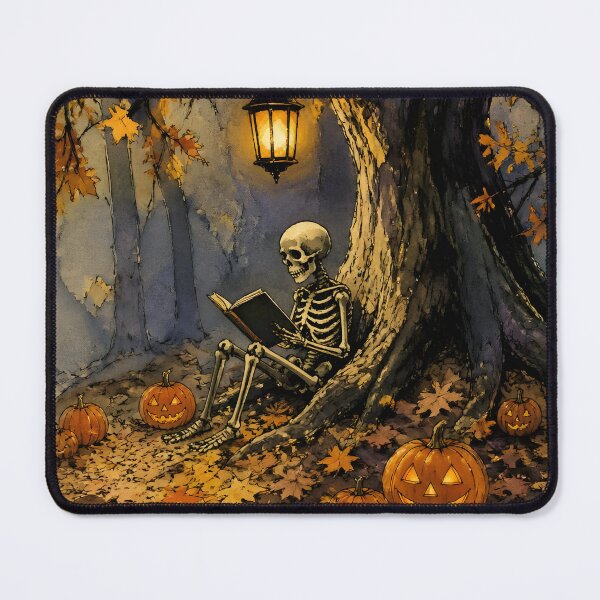 Item preview, Cozy Skeleton Reading Book in Autumn Forest Halloween Art designed and sold by GrinGalore.