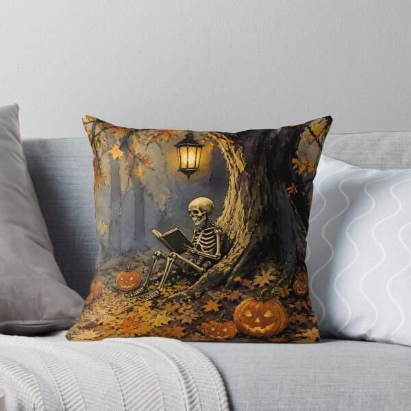 Item preview, Cozy Skeleton Reading Book in Autumn Forest Halloween Art designed and sold by GrinGalore.