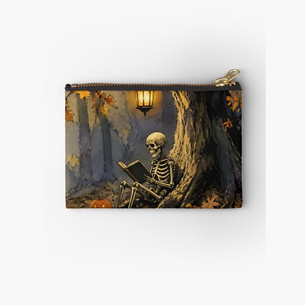 Item preview, Cozy Skeleton Reading Book in Autumn Forest Halloween Art designed and sold by GrinGalore.