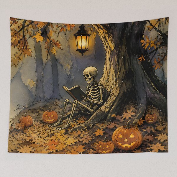 Item preview, Cozy Skeleton Reading Book in Autumn Forest Halloween Art designed and sold by GrinGalore.